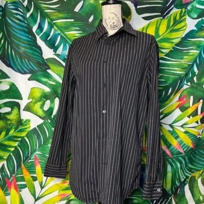 Banana Republic Men's Large Slim Fit Black White Striped Oxford Shirt - Image 1 of 4