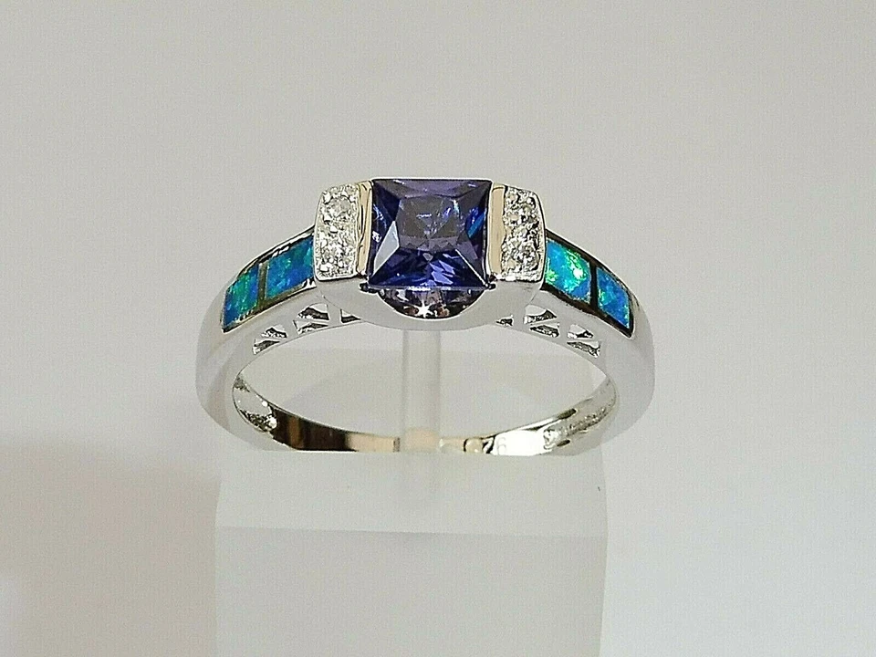 Ladies 925 Solid Silver Princess Cut Tanzanite Solitaire With Opal Accents Ring Foto 1 de 1