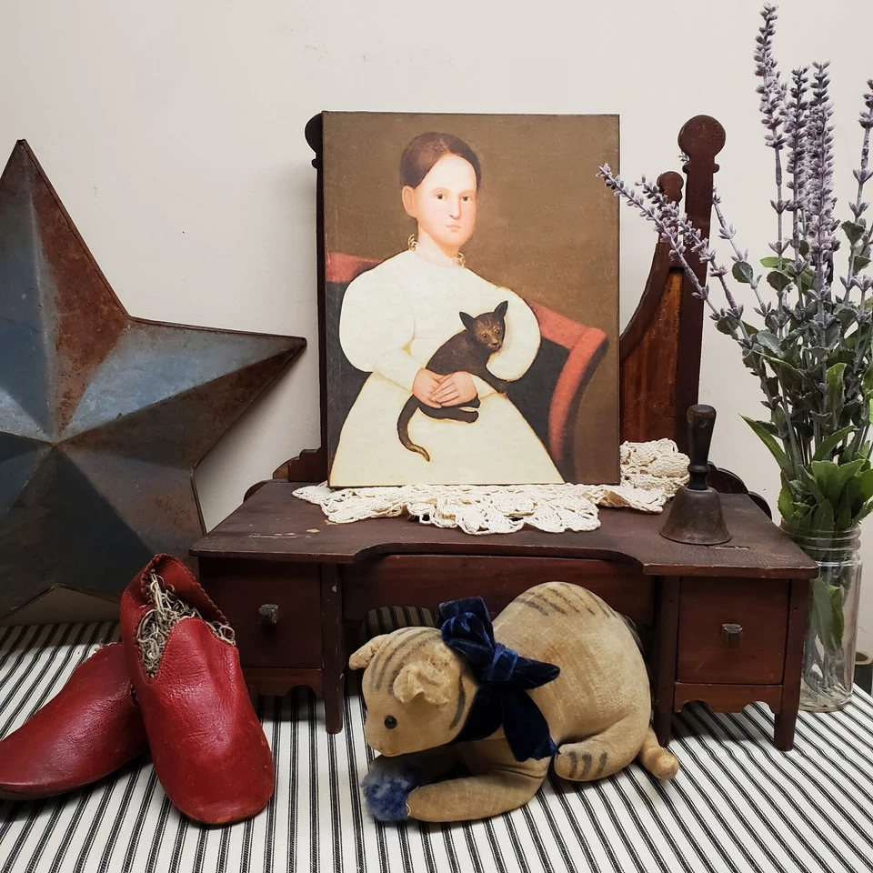 PRIMITIVE VICTORIAN VINTAGE FOLK ART STYLE GIRL BLACK CAT PORTRAIT CANVAS SIGN - Image 1 of 4