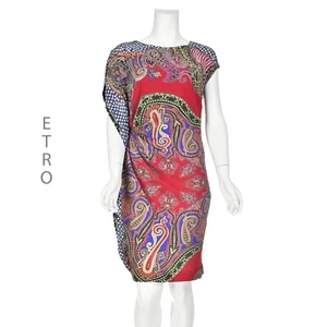 ETRO Vintage Red & Blue Paisley Swagged Asymmetrical Shift Dress SZ IT40 US4 - Picture 1 of 11