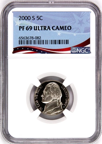 2000-S Proof Jefferson Nickel, Graded PF69UC NGC * OSR Sales Patriotic Label Cover