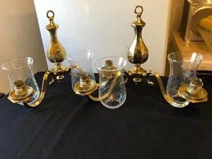 pair of vintage solid brass dual wall lights with crystal cut glass shades VGC - Picture 1 of 12