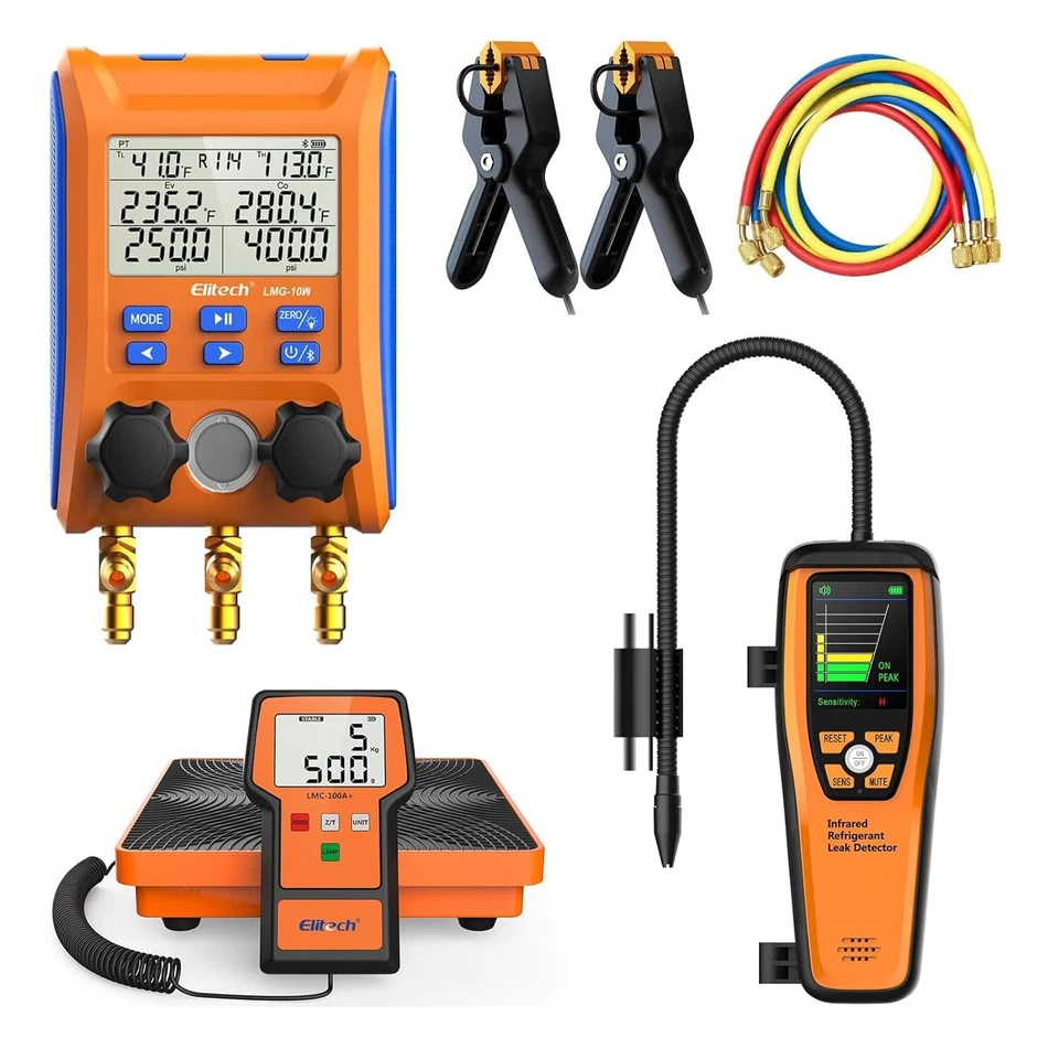 Medidor colector Elitech LMG-10W con mangueras + escala LMC100A 220LBS + detector de fugas ILD-200 Foto 1 de 4