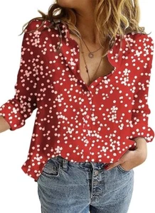 Womens V Neck Floral Long Sleeve Chiffon Button Down Blouses Bohemian Top Shirt - Picture 1 of 9