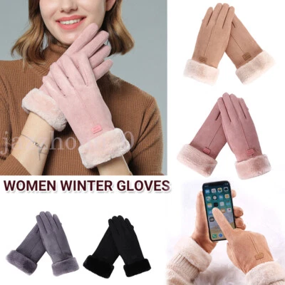 Ladies Women Winter Gloves Touch Screen Fleece Suede Warm Soft Fur Lined Thermal - Image 1 of 4