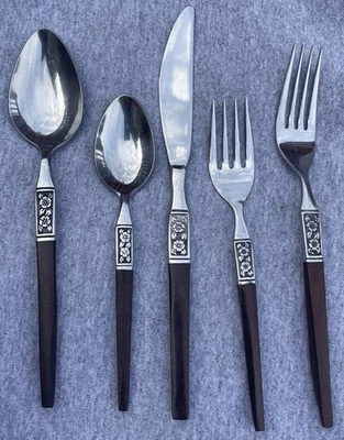 Vintage EKCO Eterna Faux Wood Flatware 5 Piece Place Setting SS - Image 1 of 4