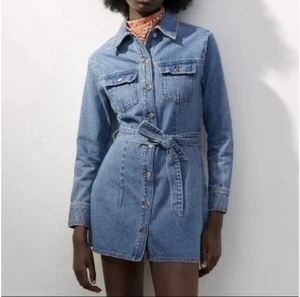 ZARA Denim Camisa Vestido Azul Cinturón Manga Larga Mini Vestido 100% Algodón Mujer M - Imagen 1 de 8