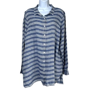Garnet Hill Womens Easy Linen Tunic Striped Size Medium Coastal Oversized Work - Picture 1 of 8