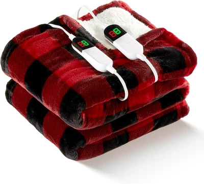 Electric Heated 90"X 100" Sherpa Buffalo Plaid Christmas King Blanket with Dual  - Image 1 of 4