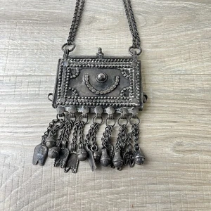 Antique Silver Tone Bedouin Prayer Box Necklace Dangle Bells - Picture 1 of 16