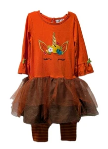 Emily Rose Girls Outfit Size 5 Orange Fall/ Halloween Unicorn Dress & Leggings - Picture 1 of 12
