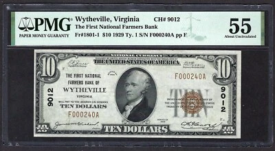 VA 1929 $10  ♚♚WYTHEVILLE, VIRGINIA♚♚ PMG ABOUT UNC 55 - Image 1 of 3