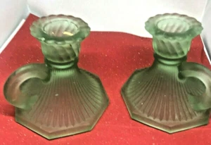 Vintage-Pair of Satin Green-Depression Glass-Frosted Candleholders-3" Tall (D) - Picture 1 of 3