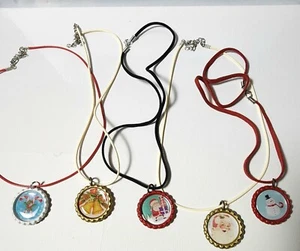Christmas Necklaces, Holiday BottleCap Necklace Handmade Lot of 5 - Picture 1 of 6