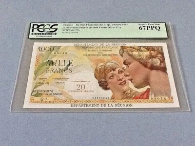 Reunion 20 Nouveaux Francs on 1,000 Francs P-55b ND(1971)  PCGS 67 PPQ - Image 1 of 4