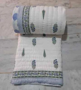 Handmade Hand Block Printed Reversible Cotton Quilt, Bedspread, Bed Cover - Picture 1 of 5