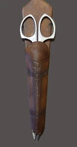 VINTAGE FORGED STEEL SCISSORS with TOOLED LEATHER SHEATH-9” - Picture 1 of 13