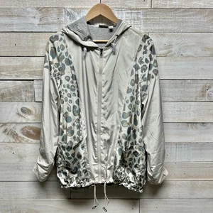 Logo Lori Goldstein Jacket Medium Cream Gray Leopard Full Zip Hood Ruched NWOT - Picture 1 of 13