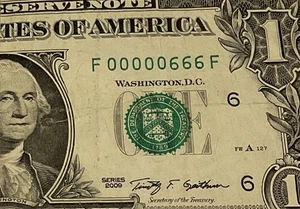 2009 $1 LOW 3 DIGIT SERIAL NUMBER (( F 00000 666 F )) US paper money currency - Picture 1 of 5