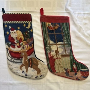 2 Medias Vintage Navidad Punta de Aguja Papá Noel Niños Juguetes Ventana Terciopelo - Imagen 1 de 10