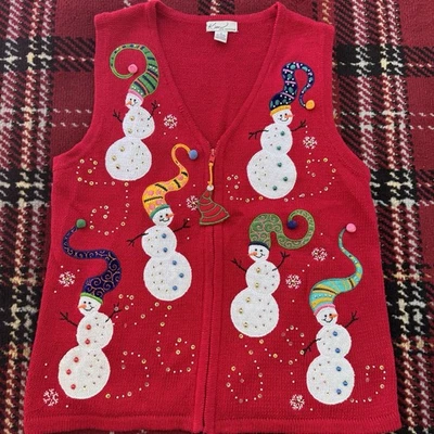 Antigo anos 90 Kim Rogers Colete de Natal Médio Boneco de Neve Suéter de Lantejoulas Malha Vermelha Zíper - Imagem 1 de 4