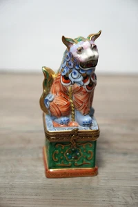 Rochard Limoges Chinese Protective Foo Dog Porcelain Peint Main Trinket Box - Picture 1 of 7