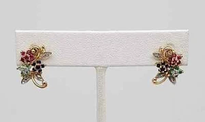 2Ct Round Cut Ruby & Emerald Simulated Stud Earrings 14K Yellow Gold Over Silver - Picture 1 of 7