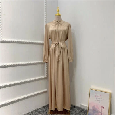 Dubai Fashion Satin Gown Women Muslim Islamic Slim Abaya Cocktail Party Dresses - Image 1 of 4