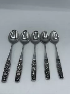 Interpur INR28 Stainless Flatware Embossed Roses Black Accent Lot 5 Teaspoons - Picture 1 of 8