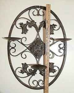 Scrolled & Leaf  Metal Wall Hanging Sconce Pillar Candle Holder / Holds 3 - Picture 1 of 10