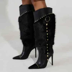 AZALEA WANG " HIGH PROFILE " Size: 12 BLACK FUR EMBELLISHED BOOT (Fast ship) - Picture 1 of 7