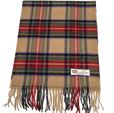 Bufanda 100% CACHEMIRA Envoltura Hecha en Inglaterra A CUADROS Camel/verde/rojo/azul #A Foto 1 de 3