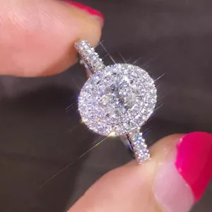 2,10 Karat Weiß Oval Diamant Halo Verlobungsring Weißgold Finish Jubiläum Ring - Bild 1 von 6