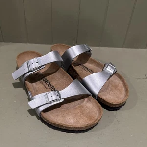 New Birkenstock Womens Sydney 39 US 8 Silver Drop 2 Strap Slide Sandals - Picture 1 of 8