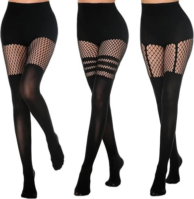 3 Pairs Women's Mock Thigh High Suspender Tights Fishnet Stockings Fishnets - Image 1 of 4