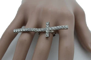 Damen Silber Ring Modeschmuck Metall Strass lang Kreuz religiös Einheitsgröße - Bild 1 von 9
