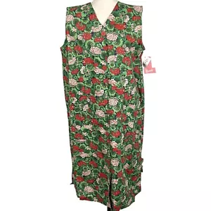 Carole House Dress Women M Red Green Floral Geranium Lounger MuuMuu Granny Smock - Picture 1 of 13