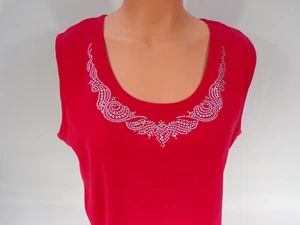 Vintage Las Olas Sleeveless Top Women 1X Red Cotton Designer Beading Scoop Neck - Picture 1 of 8