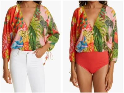 Blusa Top Body FARM & RIO Estampado de Mezcla de Animales Tropicales Cuello en V Espalda M 8/10 Foto 1 de 4