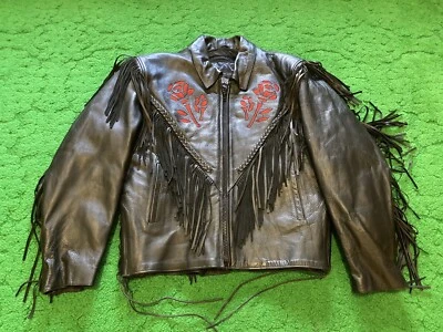 Vintage Unik Women’s Black Leather Moto Jacket Fringe Rose Cutout Sz. Xxl - Image 1 of 4
