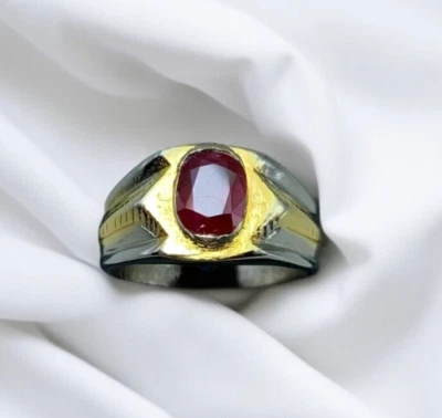 Anel unissex rubi escuro gravado prata 925 Yakut homem mulher rubi natural presente - Imagem 1 de 4
