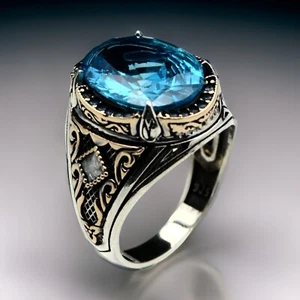 Aquamarine Men's Ring in 925 Sterling Silver Turkish Jewelry Size 7-15 US - Picture 1 of 8