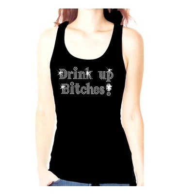 ALL RHINESTONE DRINK UP BITCHES BLING TANK TEE SHIRT ST PATRICKS DAY - Image 1 of 2