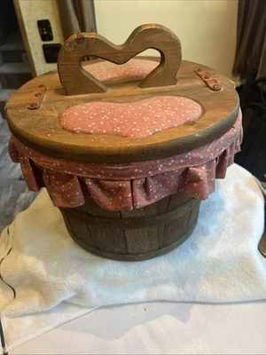 Vintage Bushel Sewing Basket Wooden Flip Top Heart Handle Pink Fabric Liner 14" - Image 1 of 4