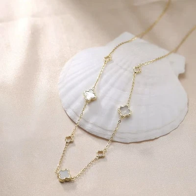 925 Sterling Silver Clover Station Necklace | 8mm Four-Leaf Motif | 16" to 18" - Image 1 of 4