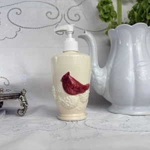 Soap Dispenser Ivory Porcelain Embossed Red Cardinal Made In Taiwan - Picture 1 of 12