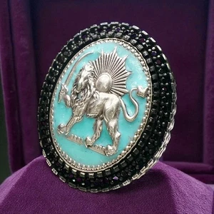 Turquoise Pahlavi Lion & Sun 925 Silver Ring - Persian Iranian Middle East - Picture 1 of 8
