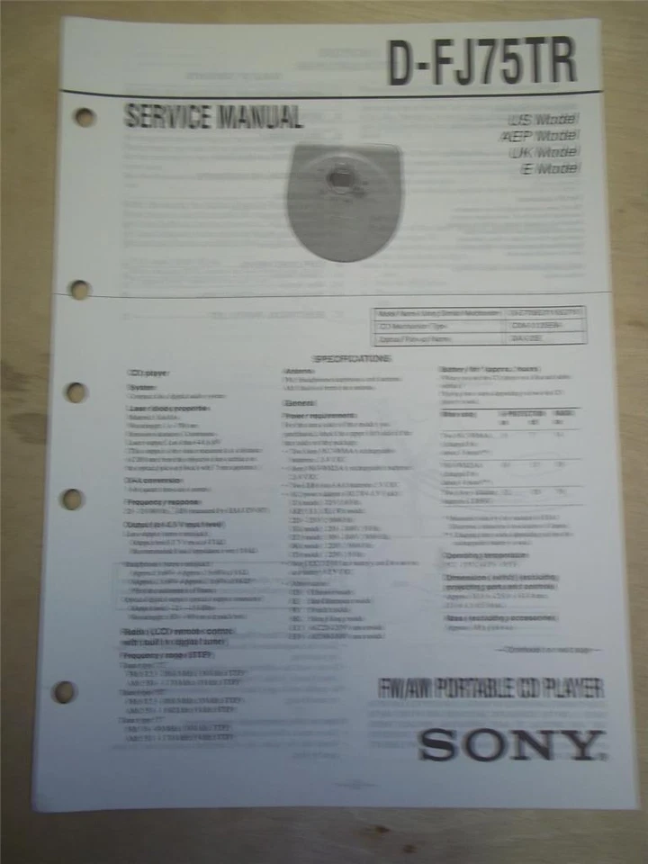 Sony Service Manual~D-FJ75TR CD Player~Original~Repair - Image 1 of 1
