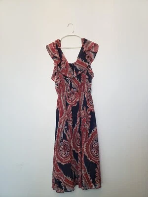 Tiana B Women's16 Boho Midi Dress Sleeveless Round Ruffle Neck Black Red Paisley - Image 1 of 4