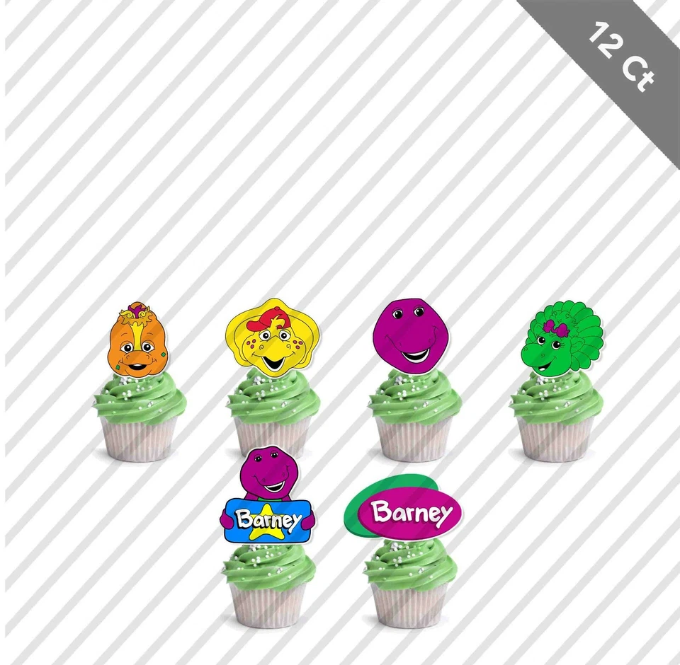 12 cabezas de Barney Cupcake Topper Elige Favor Fiesta Cumpleaños Dinosaurio Púrpura Foto 1 de 1